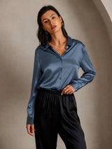 [Real Teal] SilkSilky-CA Long Sleeve Lapel Collar Women's Shirt 002