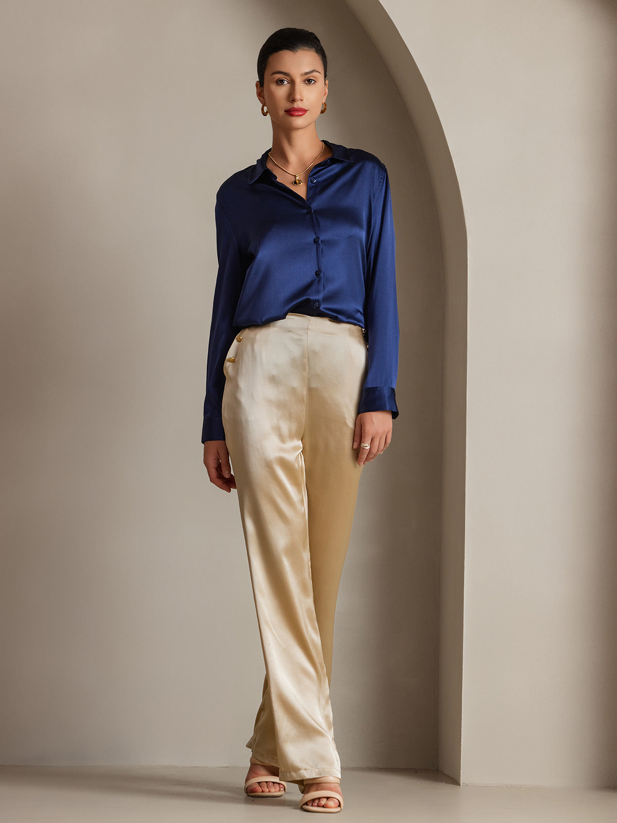 [Dark Blue] SilkSilky-CA Long Sleeve Lapel Collar Women's Shirt 003