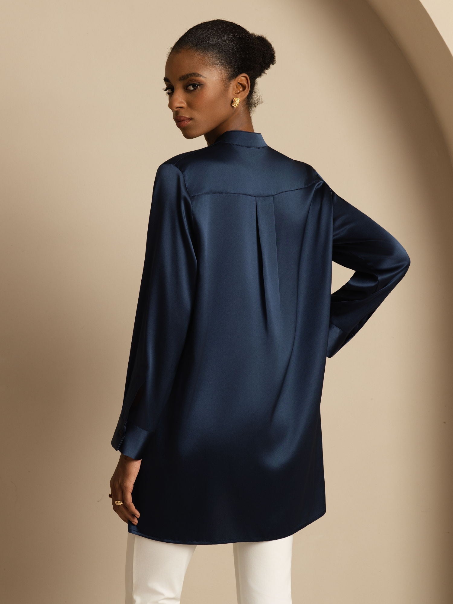 [Dark Blue] SilkSilky-CA 19Momme Stretch Silk Charmeuse Long Sleeve Stand Collar Blouse 002