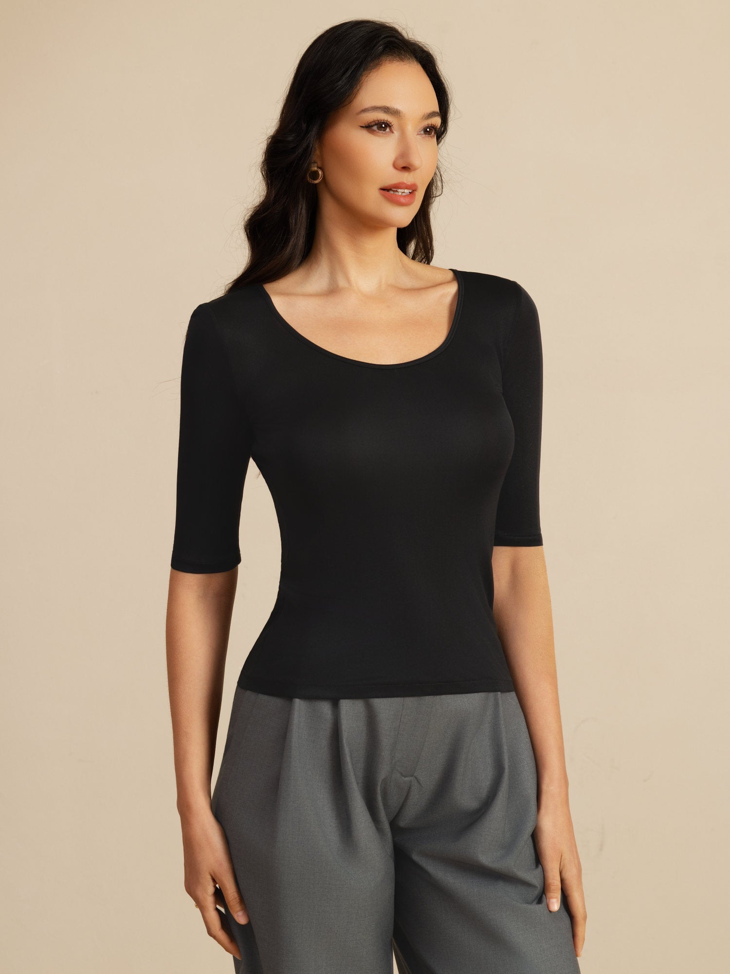 [Black] SilkSilky-CA 100% Silk Jersey Half Sleeve Scoop Neck Women's T-Shirt 001