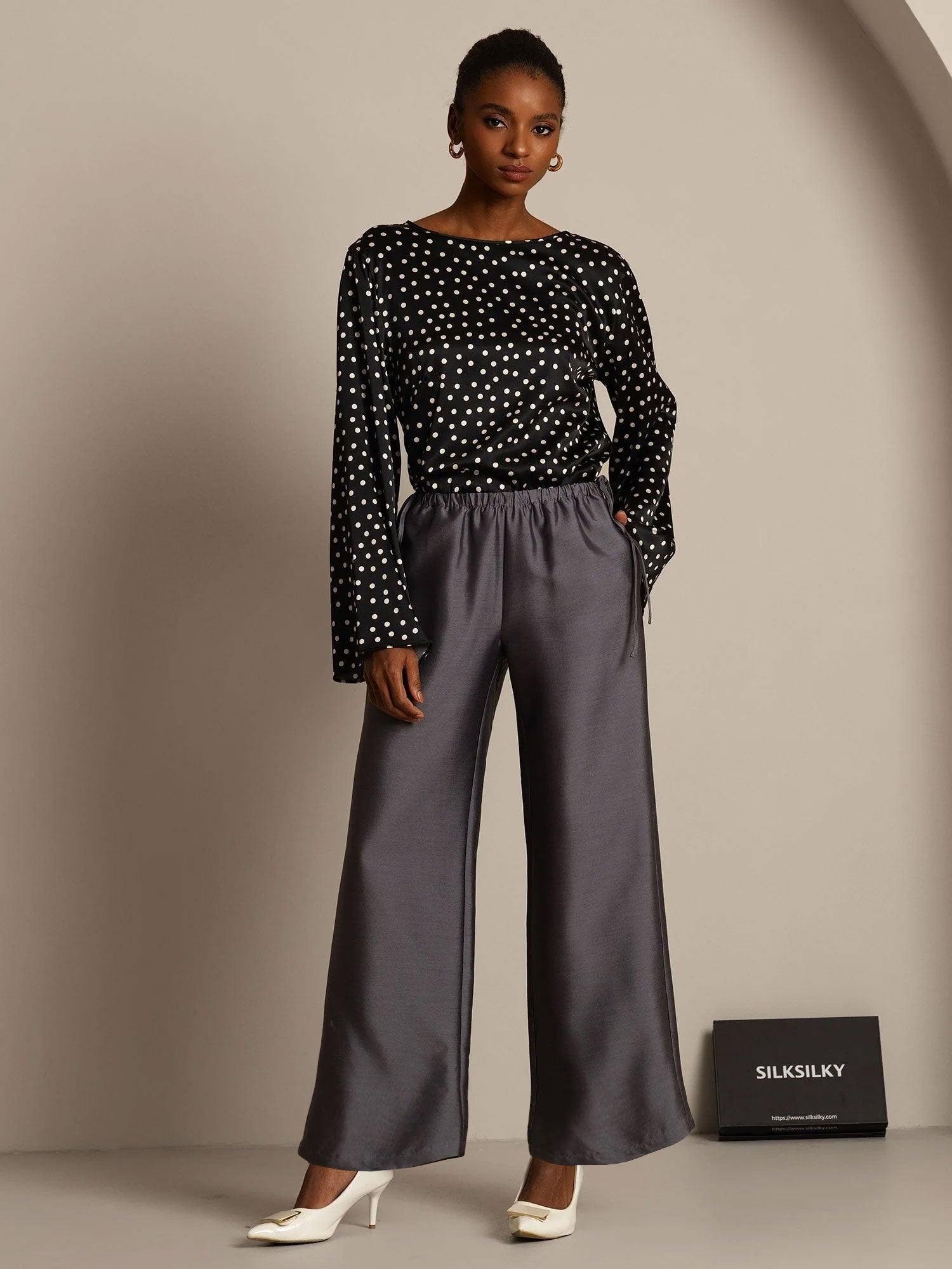 [Gray] SilkSilky-CA 32Momme Silk-Wool Blend Womens Pants 003,