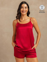 [Wine] SilkSilky-CA 19Momme Machine-Washable Silk Spaghetti Strap Round Neck Camisole Set 001