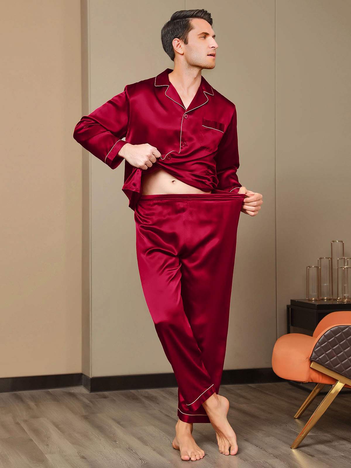 SilkSilky-CA Pure Silk Long Sleeve Lapel Men's Pajamas Wine 007