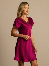 [Wine] SilkSilky-CA Short Sleeve V Neck Nightgown 005