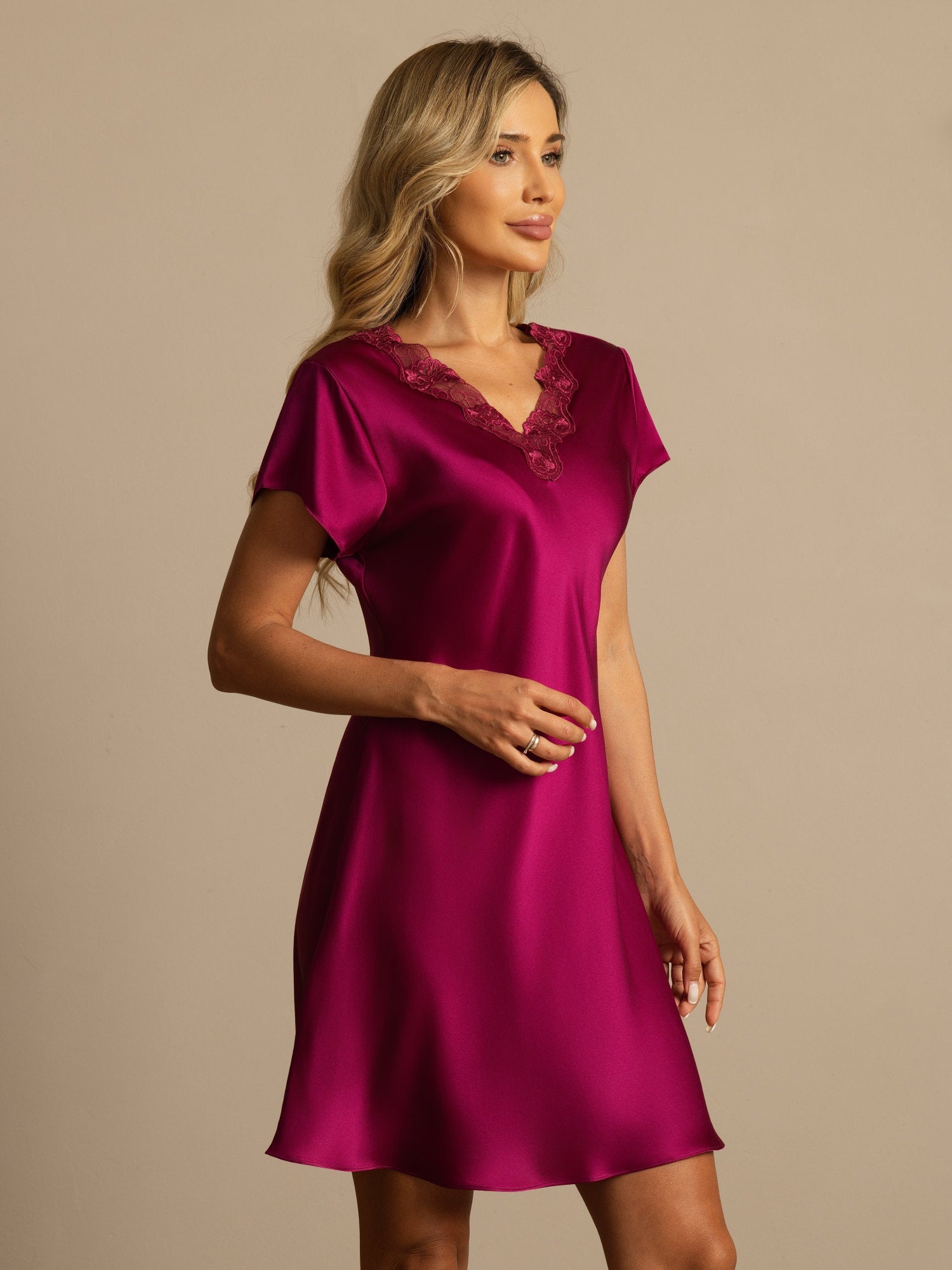 [Wine] SilkSilky-CA Silk Short Sleeve V Neck Nightgown 005