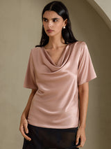 [Tuscany] SilkSilky-CA Short Sleeve Cowl Neck Women's Blouse 001