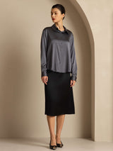 [Dark Gray] SilkSilky-CA 19Momme Stretch Silk Charmeuse Long Sleeve Lapel Collar Women's Shirt 008