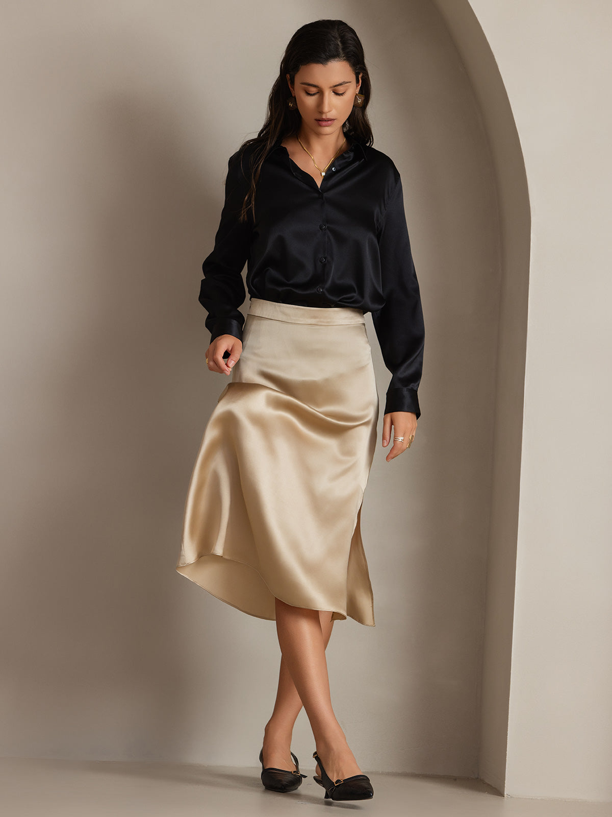 [Black] SilkSilky-CA 19Momme Stretch Silk Charmeuse Long Sleeve Lapel Collar Women's Shirt 005