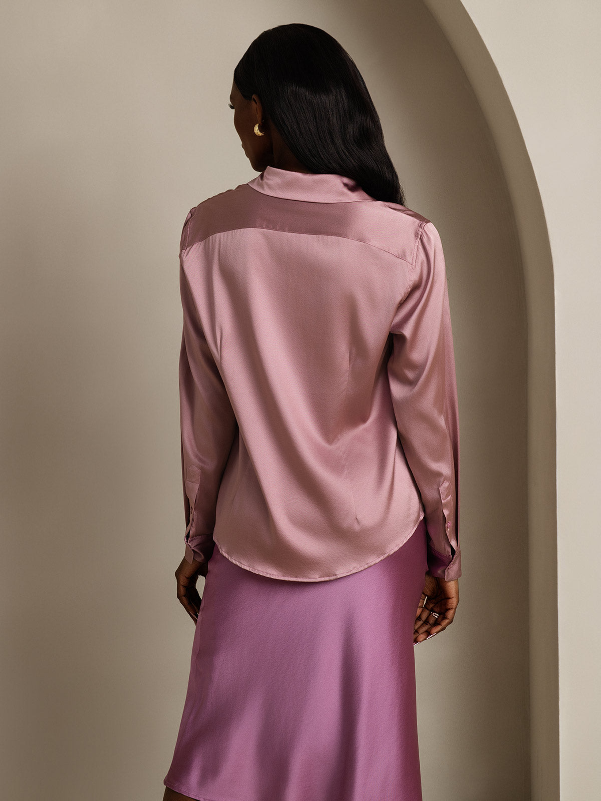 [Pale Mauve] SilkSilky-CA 19Momme Stretch Silk Charmeuse Long Sleeve Lapel Collar Women's Shirt 002