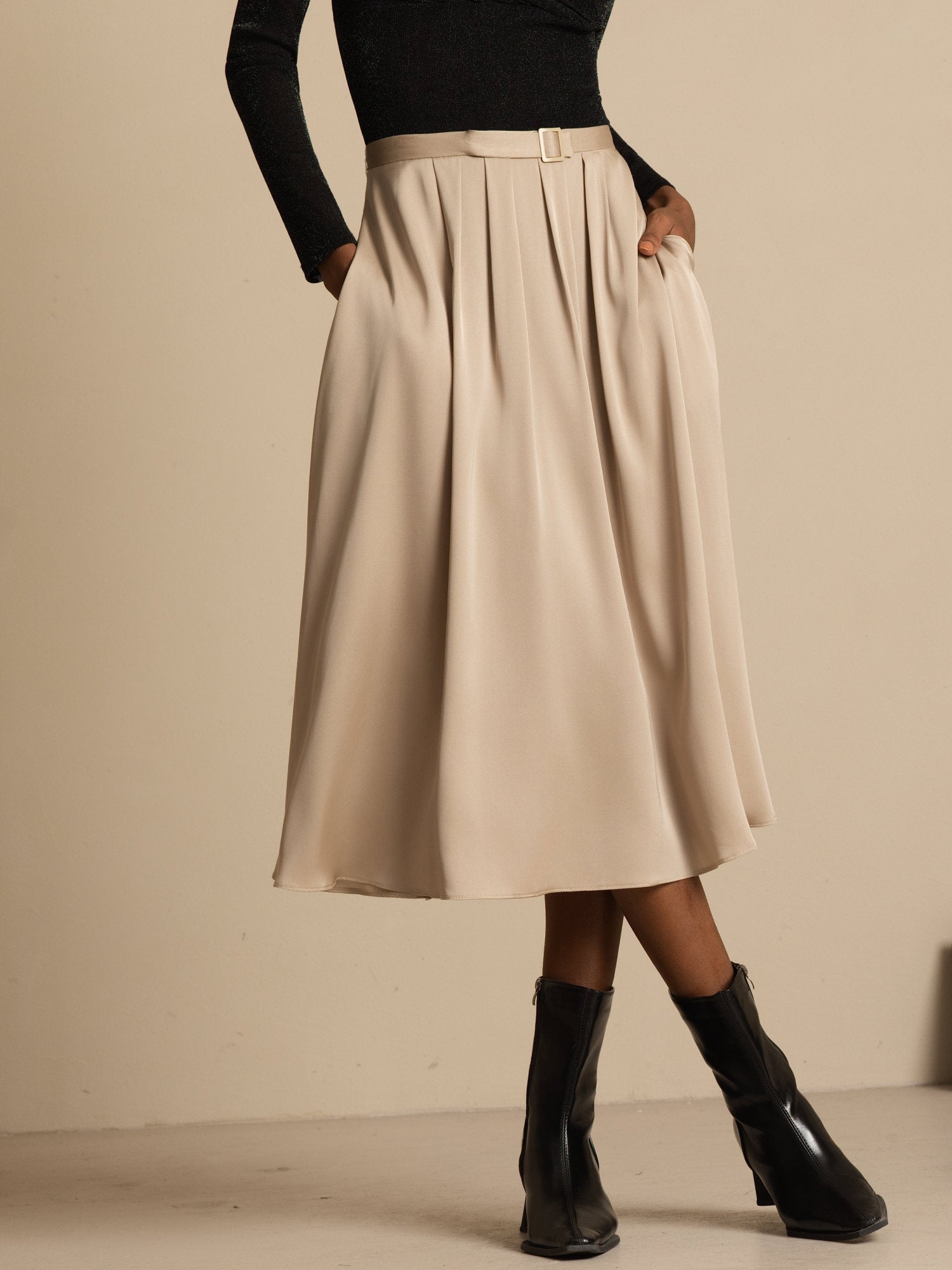 [Tan] SilkSilky-CA 19Momme Stretch Silk Double Georgette Skirt 001