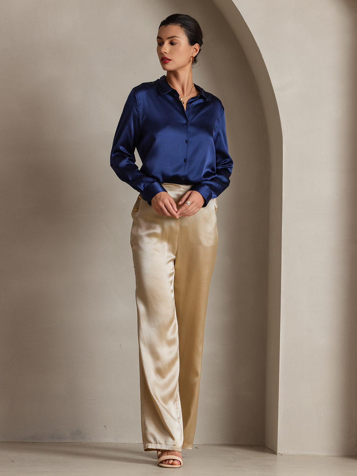 [Dark Blue] SilkSilky-CA 19Momme Stretch Silk Charmeuse Long Sleeve Lapel Collar Women's Shirt 006