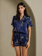[Navy Zebra] SilkSilky-CA Short Sleeve Lapel Collar Women's Pajamas 006