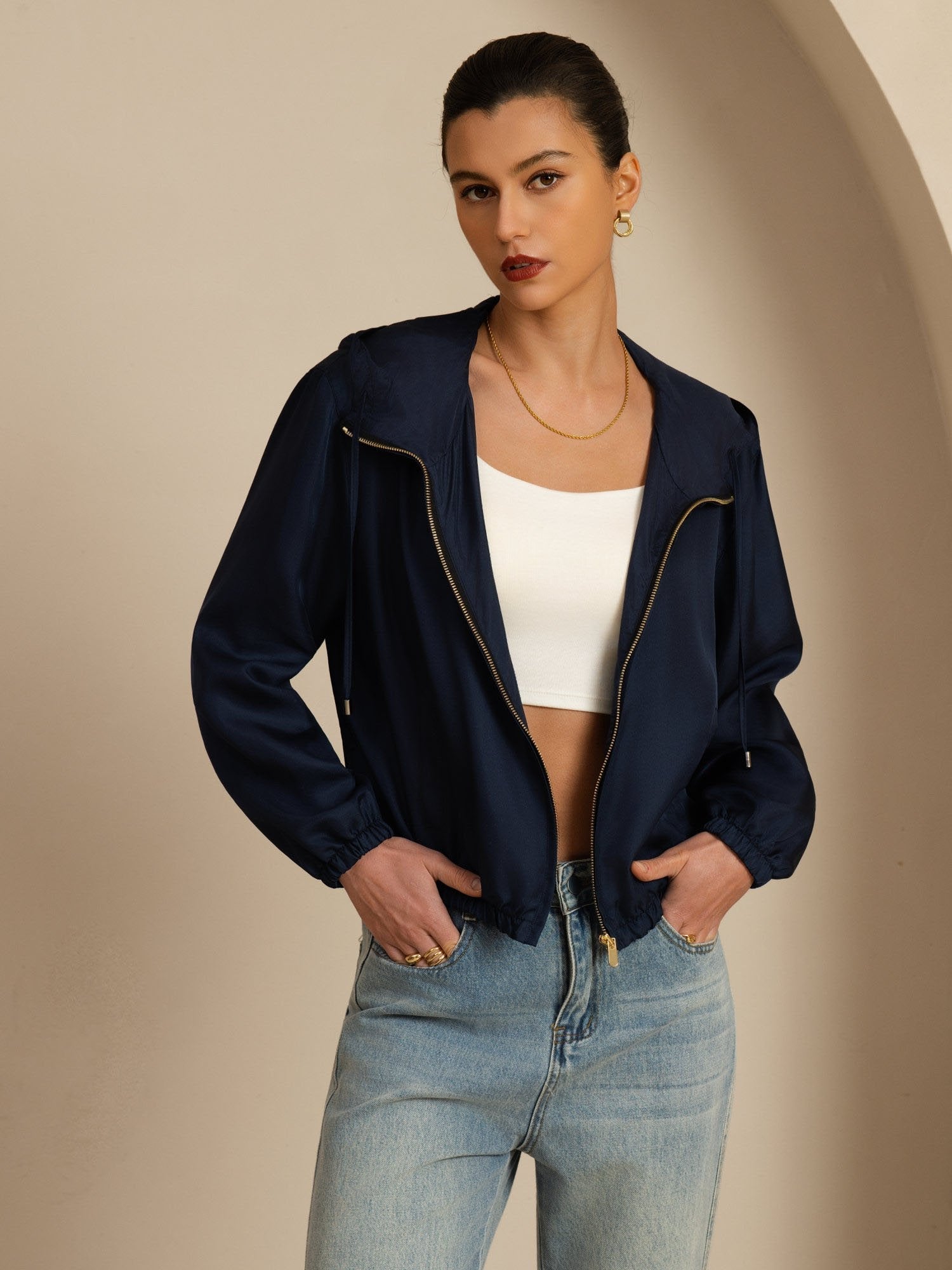 [DarkBlue] SilkSilky-CA 18Momme Silk Satin Surah Long Sleeve Stand Collar Women's Outerwear 003