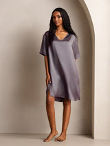 [Purple Gray] SilkSilky-CA Half Sleeve V Neck Nightgown 001