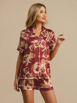 [Wine Dragon] SilkSilky-CA Short Sleeve Lapel Collar Women's Pajamas 001