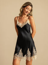 [Black+Beige] SilkSilky-CA Spaghetti Strap V Neck Nightgown 007