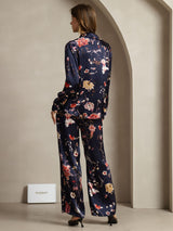 [Navy Floral] SilkSilky-CA 19Momme Silk Lapel Collar Women''s Outfit Sets 002