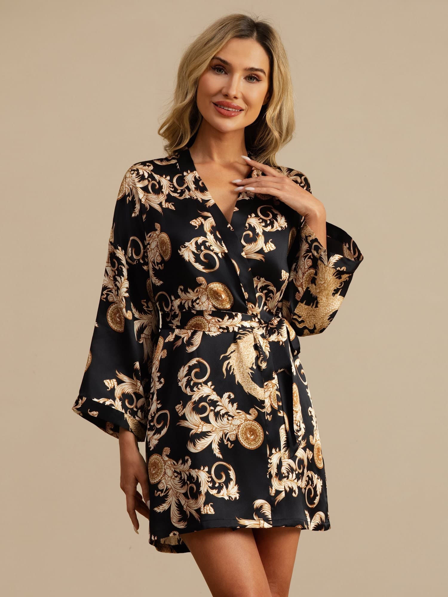 [Black Dragon] SilkSilky-CA 3/4 Sleeve V Neck Women's Robe 004