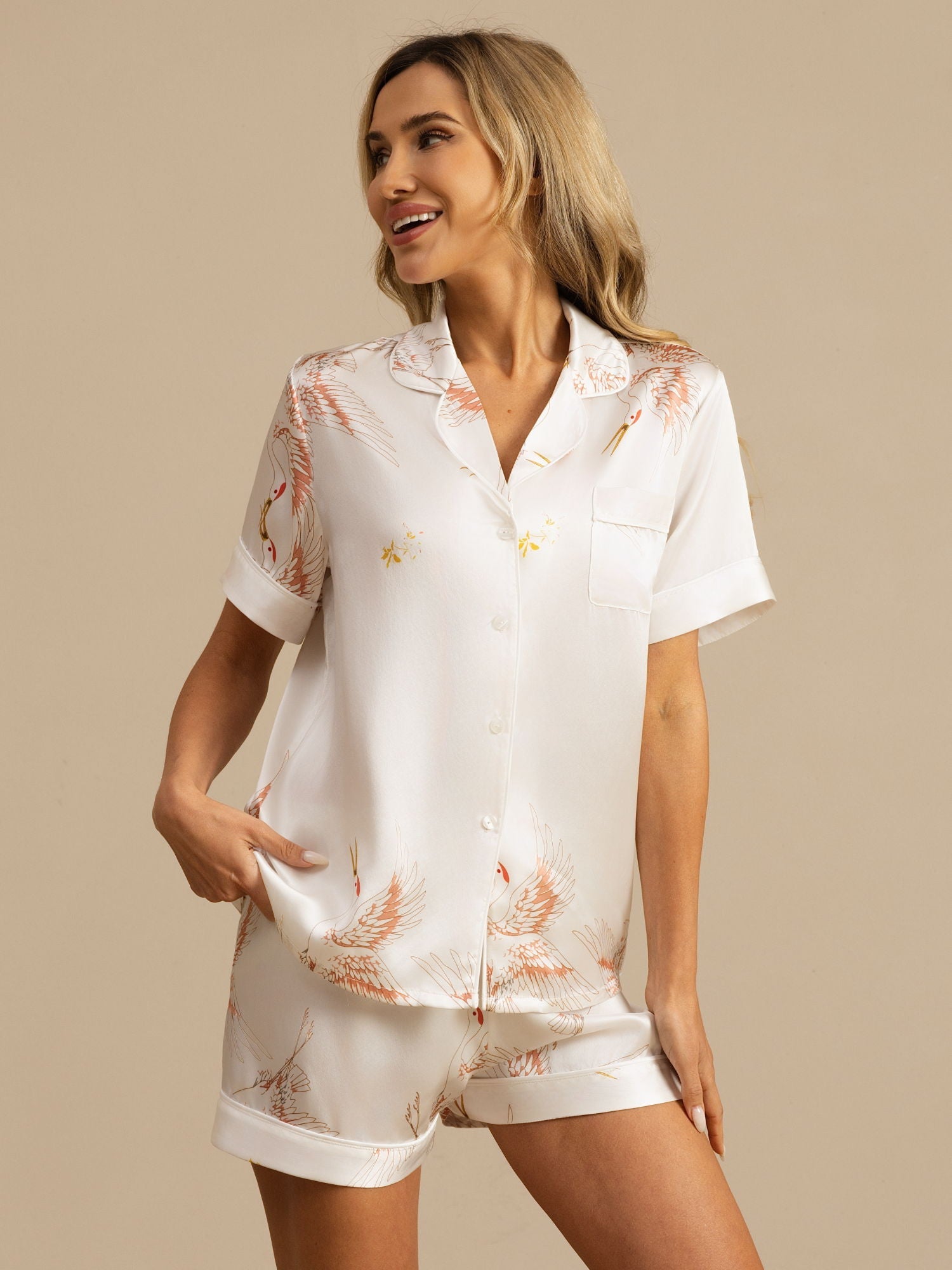[White] SilkSilky-CA 19Momme Short Sleeve Notch Collar Women's Pajamas 003