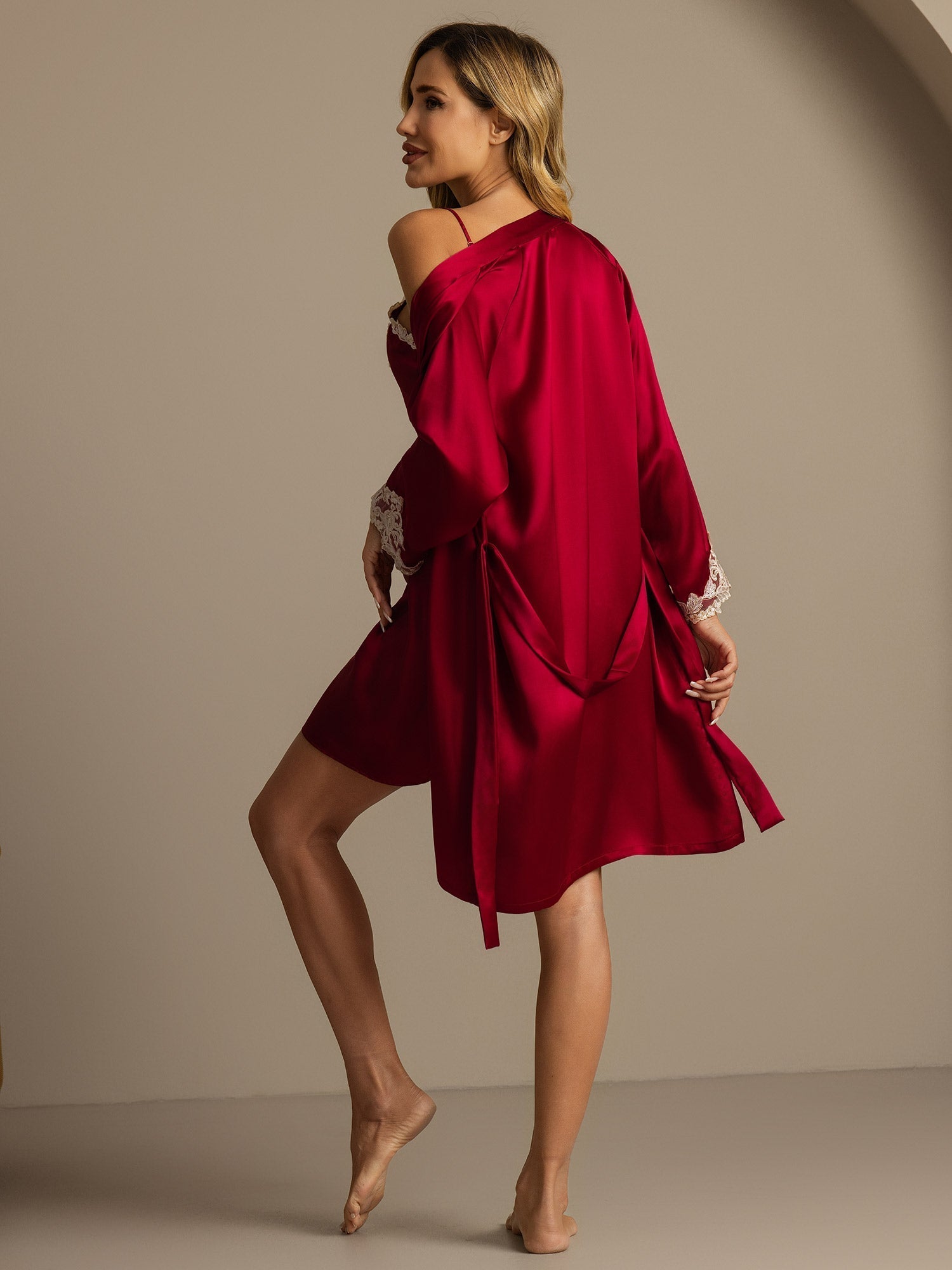 [Wine] SilkSilky-CA 3/4 Sleeve V Neck Nightgown&Robe Set 002