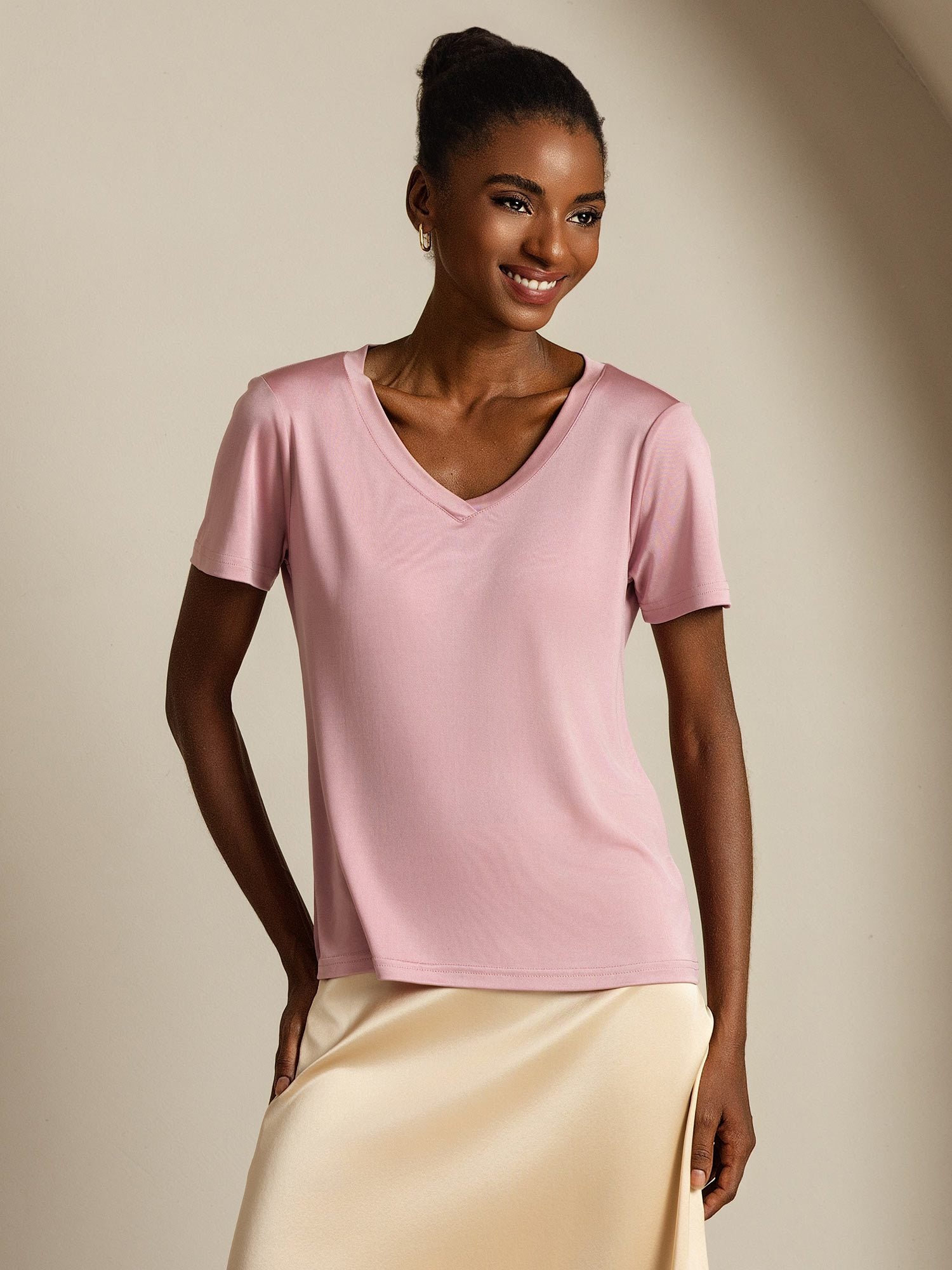 [PaleMauve] SilkSilky-CA Pure Silk V Neck Women's T-Shirt 001