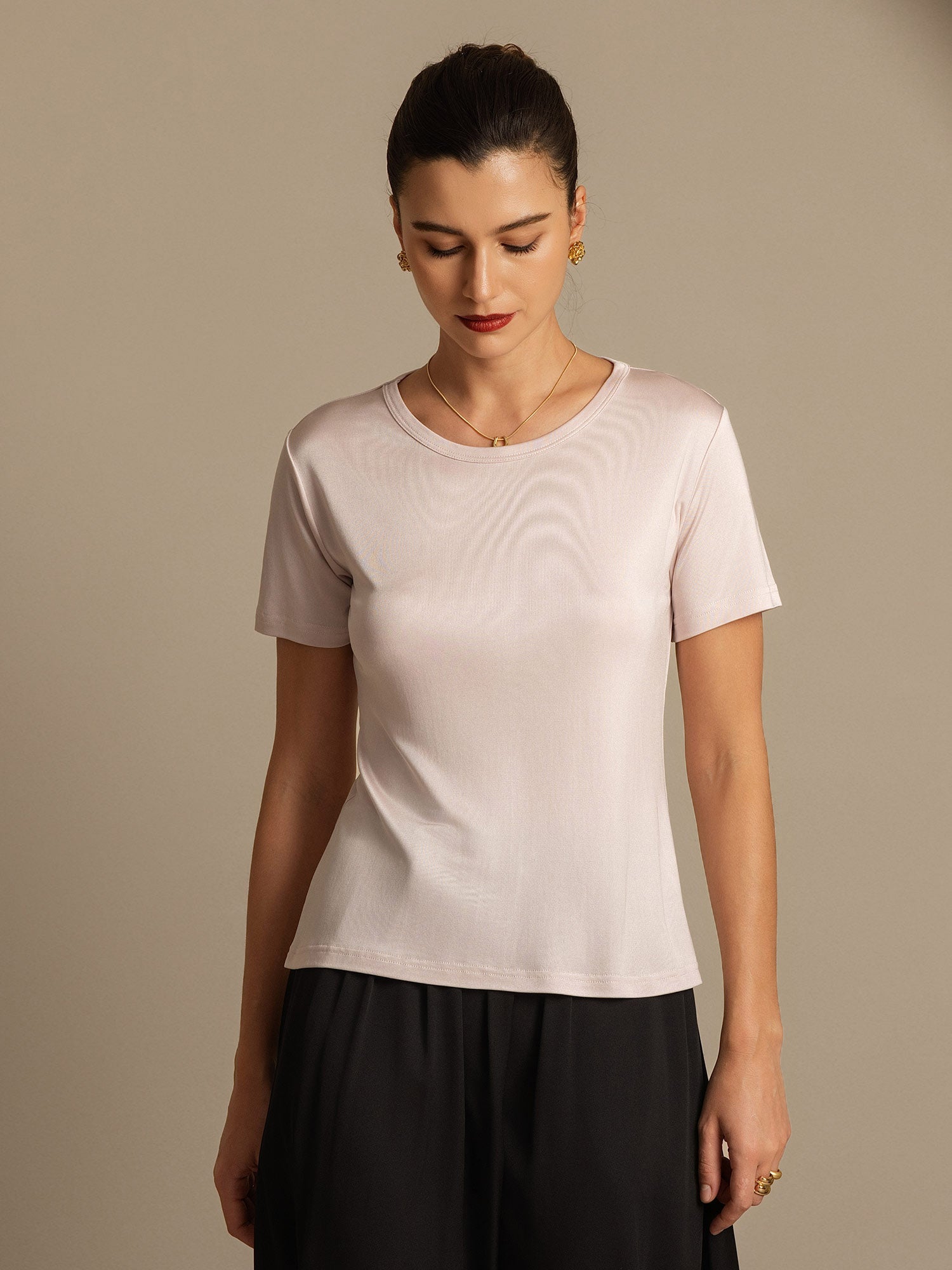 [Light Pink] SilkSilky-CA Silk Knitted Round Neck Women's T-Shirt 006,