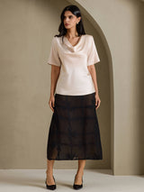 [Beige] SilkSilky-CA Short Sleeve Cowl Neck Women's Blouse 005