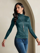 [Dark Green] SilkSilky-CA Silk Jersey Long Sleeve Turtle Neck Women's T-Shirt 003