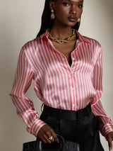 [Pink Stripe] SilkSilky-CA 19Momme Stretch Silk Charmeuse Long Sleeve Lapel Collar Women's Shirt 001