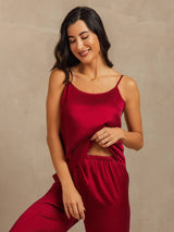 [Wine] SilkSilky-CA 19Momme Machine-Washable Silk Spaghetti Strap Scoop Neck Camisole Set 007