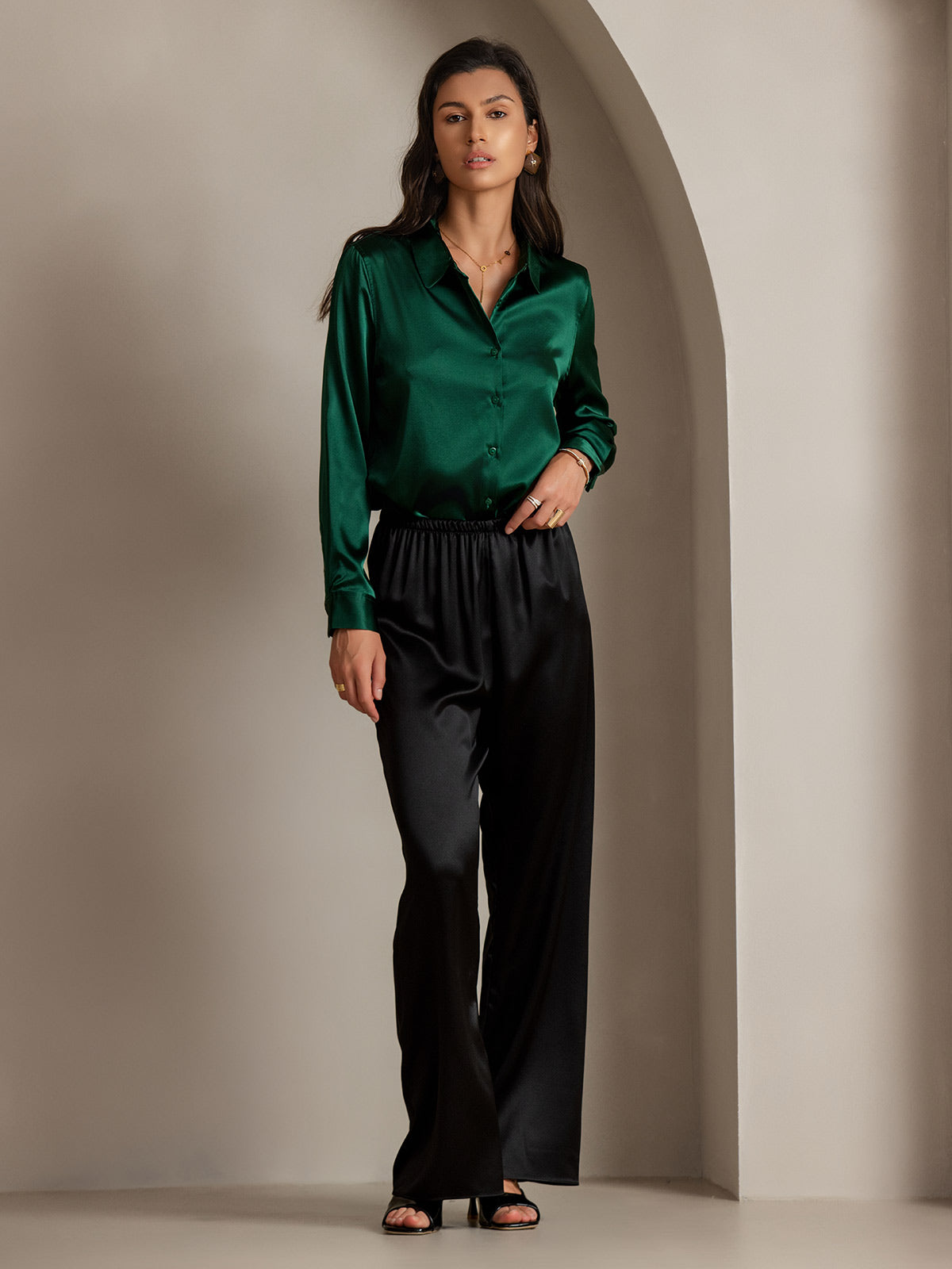 [Dark Green] SilkSilky-CA Silk Long Sleeve Lapel Collar Women's Shirt 008