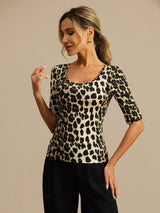 [Leopard] SilkSilky-CA 100% Silk Jersey Half Sleeve Scoop Neck Women's T-Shirt 003