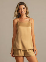 [Tan] SilkSilky-CA 19Momme Machine-Washable Silk Spaghetti Strap Round Neck Camisole Set 003