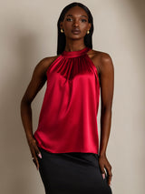 [Wine] SilkSilky-CA Sleeveless Halter Women's T-Shirt 001