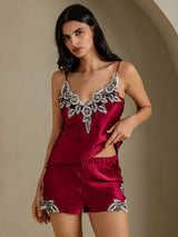 [Wine] SilkSilky-CA Spaghetti Strap V Neck Camisole Set 003