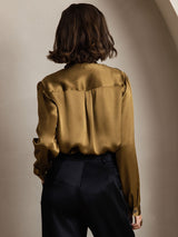 [Brown] SilkSilky-CA 19Momme Stretch Silk Charmeuse Long Sleeve Tie Neck Blouse 002