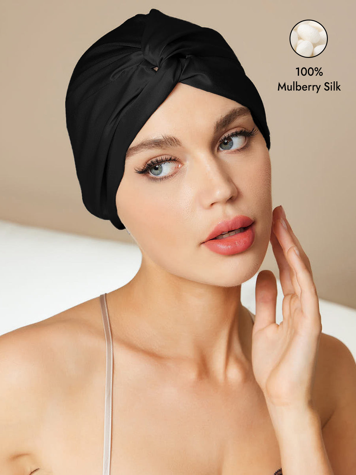 [Black] SilkSilky-CA Pure Silk Sleep Cap 001