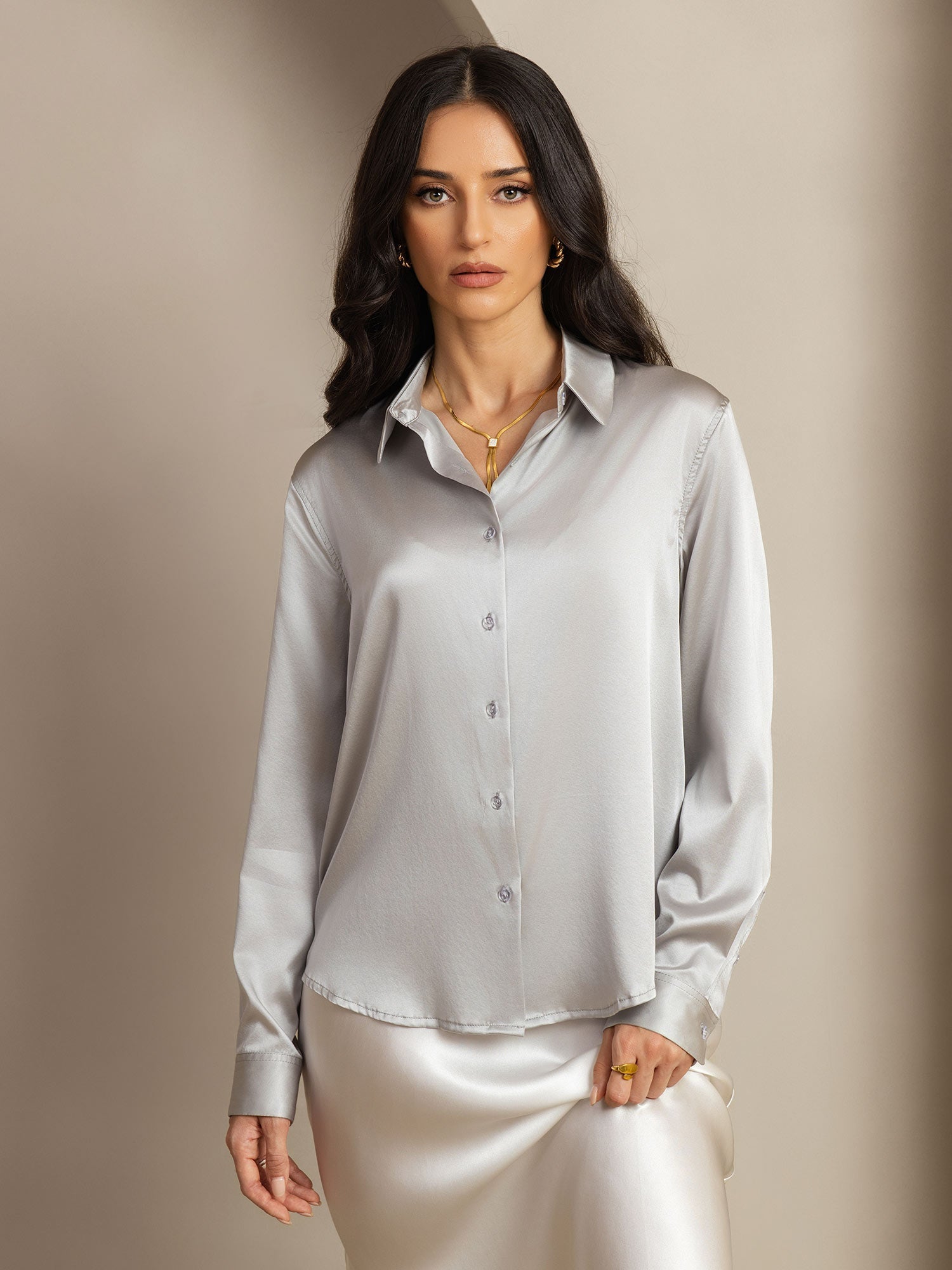 [Light Gray] SilkSilky-CA 19Momme Stretch Silk Charmeuse Long Sleeve Lapel Collar Women's Shirt 001