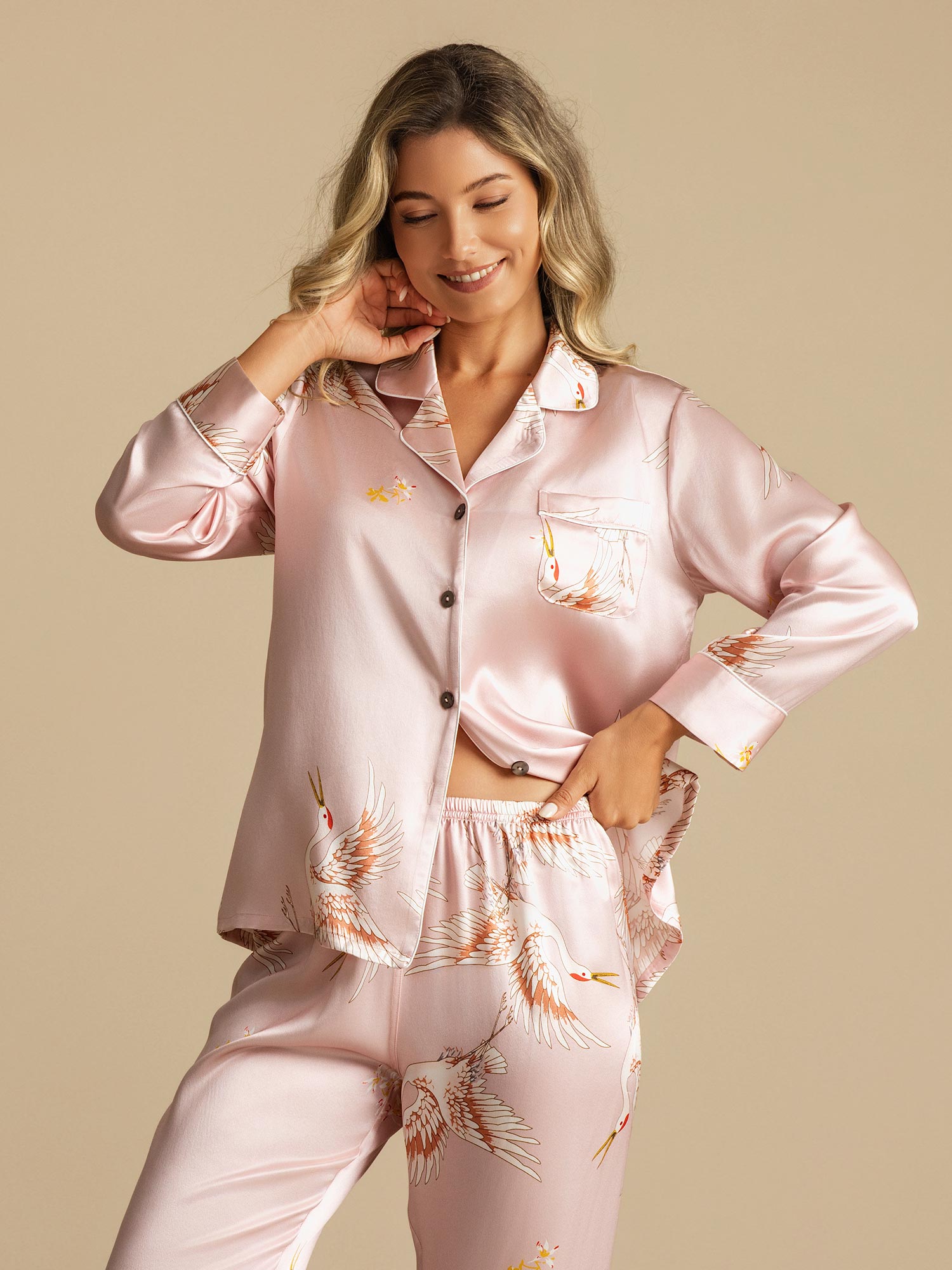 [Pink] SilkSilky-CA 19Momme Long Sleeve Notch Collar Women's Pajamas 006