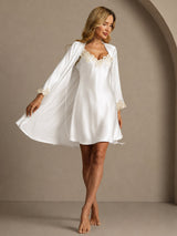 [White] SilkSilky-CA 3/4 Sleeve V Neck Nightgown&Robe Set 006