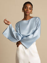 [Grayish Blue] SilkSilky-CA Long Sleeve Boat Neck Blouse 004