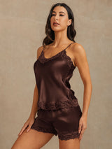 [Brown] SilkSilky-CA Spaghetti Strap V Neck Camisole Set 001