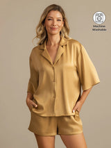 [Tan] SilkSilky-CA 19Momme Machine-Washable Silk Half Sleeve Notch Collar Women's Pajamas 001