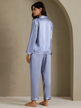 [Steel Blue] SilkSilky-CA Long Sleeve Lapel Collar Women's Pajamas 002