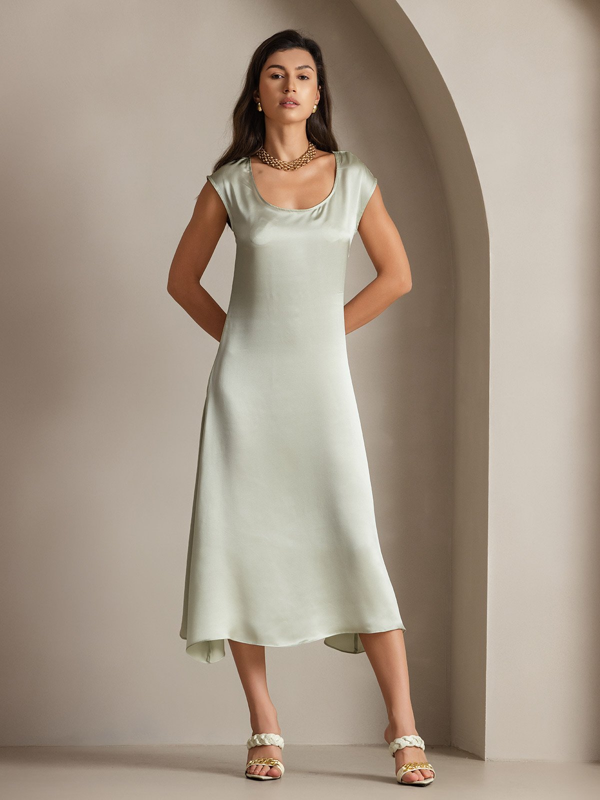 [Light Green] SilkSilky-CA 19Momme Silk Cap Sleeve Round Neck Dress 001