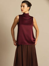 [Dark Red] SilkSilky-CA 19Momme Stretch Silk Charmeuse Sleeveless High Neck Blouse 008