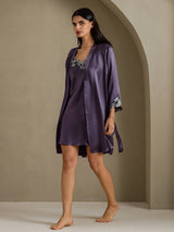 [Purple Gray] SilkSilky-CA 3/4 Sleeve V Neck Nightgown&Robe Set 003