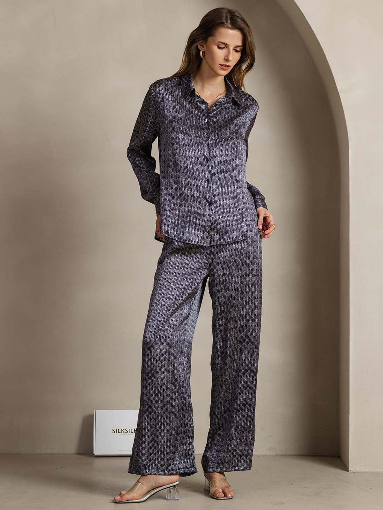 [NavyGinkgo] SilkSilky-CA 19Momme Silk Lapel Collar Women''s Outfit Sets 003