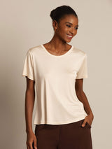 [Beige] SilkSilky-CA 100% Silk Jersey Short Sleeve Round Neck Women's T-Shirt 001
