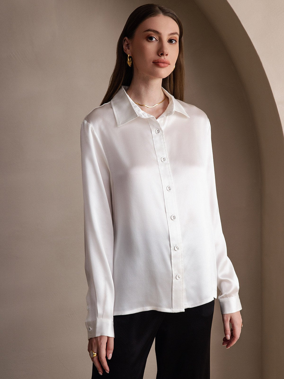 SilkSilky-CA 19Momme Silk Long Sleeve Collar Women's Shirt White 003